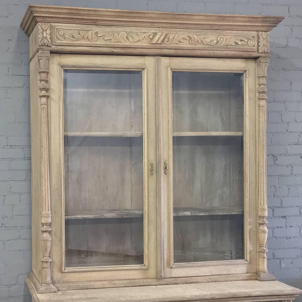 19th Century French Renaissance Stripped Hand Carved Oak Bookcase 1