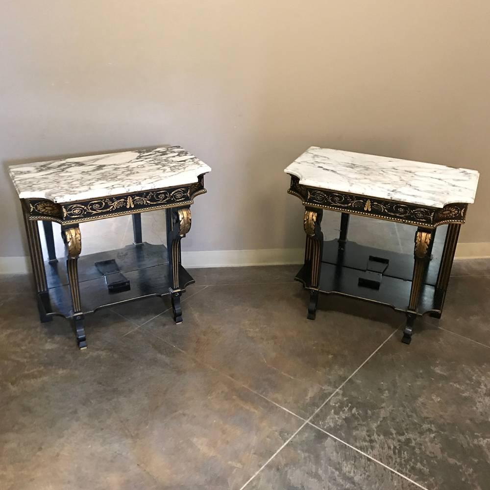 This stunning pair of 19th century French Napoleon III marble-top consoles were handcrafted from ebonized walnut then incised and highlighted in gold, then finished with contoured and beveled marble tops to create instant symmetry with style!
circa
