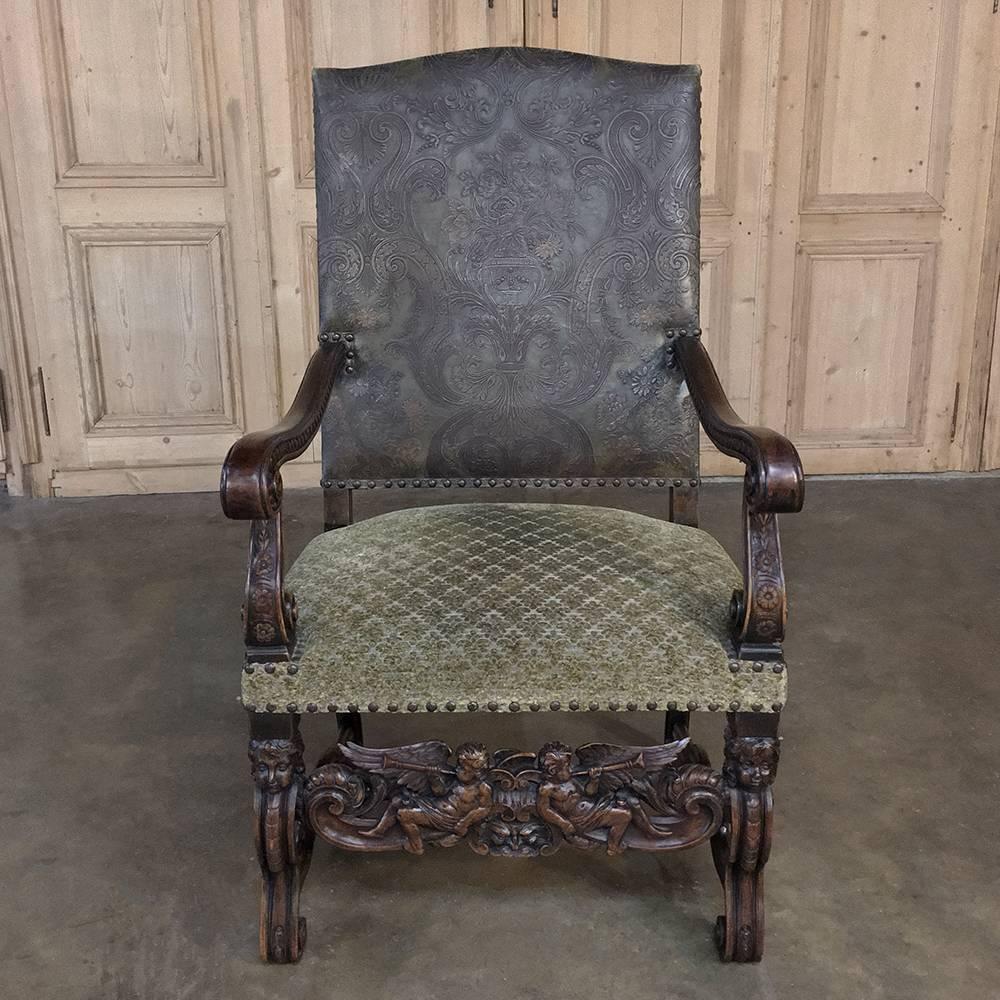 19th Century, French, Louis XIII Hand-Carved Walnut Angel Armchair 4