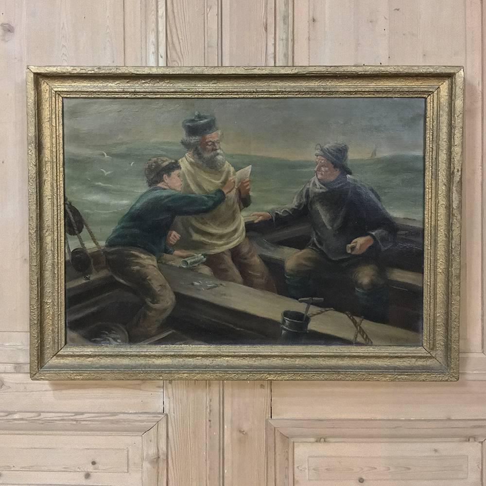 Antique Framed oil painting by J. Denys is a fanciful interpretation of the Classic story about finding a message in a bottle. The interaction of the fishermen with the young boy and the bewilderment on their faces has been splendidly captured by