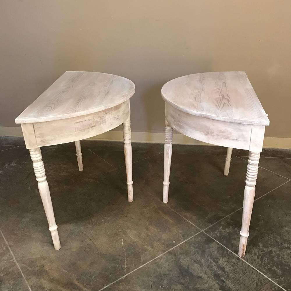 Pair 19th Century Swedish Pine Demilune Painted Consoles ca. 1860 In Excellent Condition In Dallas, TX