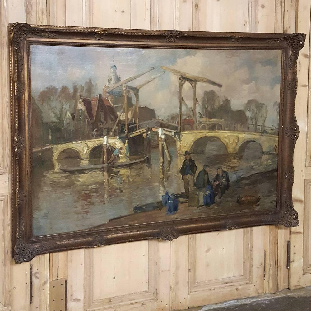 Set in its original frame, this exceptional post-impressionist antique framed oil painting on canvas by Martin van Waning (1889-1972) combines a unique blend of human interest, Industrial ingenuity and a Classic pastoral backdrop! This work shows a