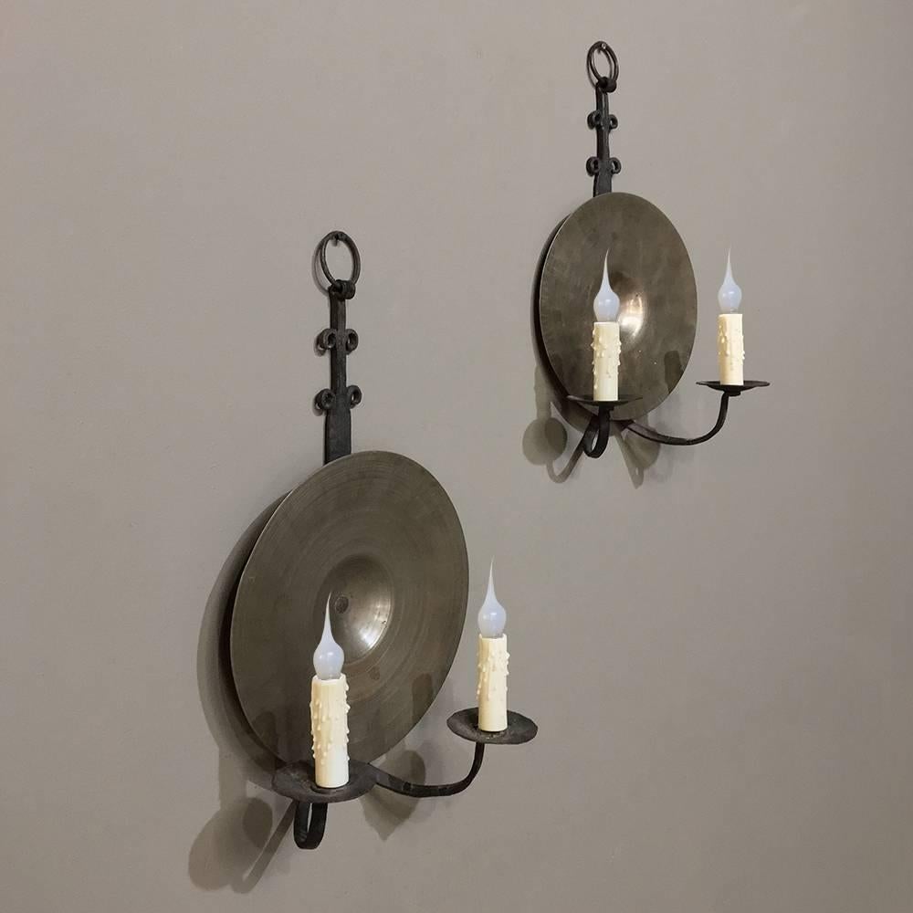 Cast Pair of 19th Century Spanish Hand-Forged Wrought Iron and Bronze Wall Sconces