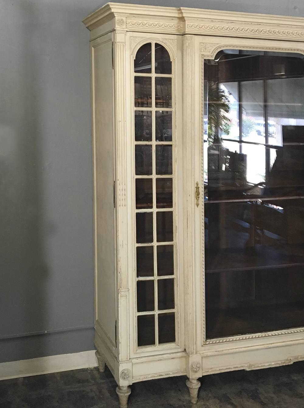 19th Century, French, Louis XVI Painted Triple Bookcase, Display Armoire 1