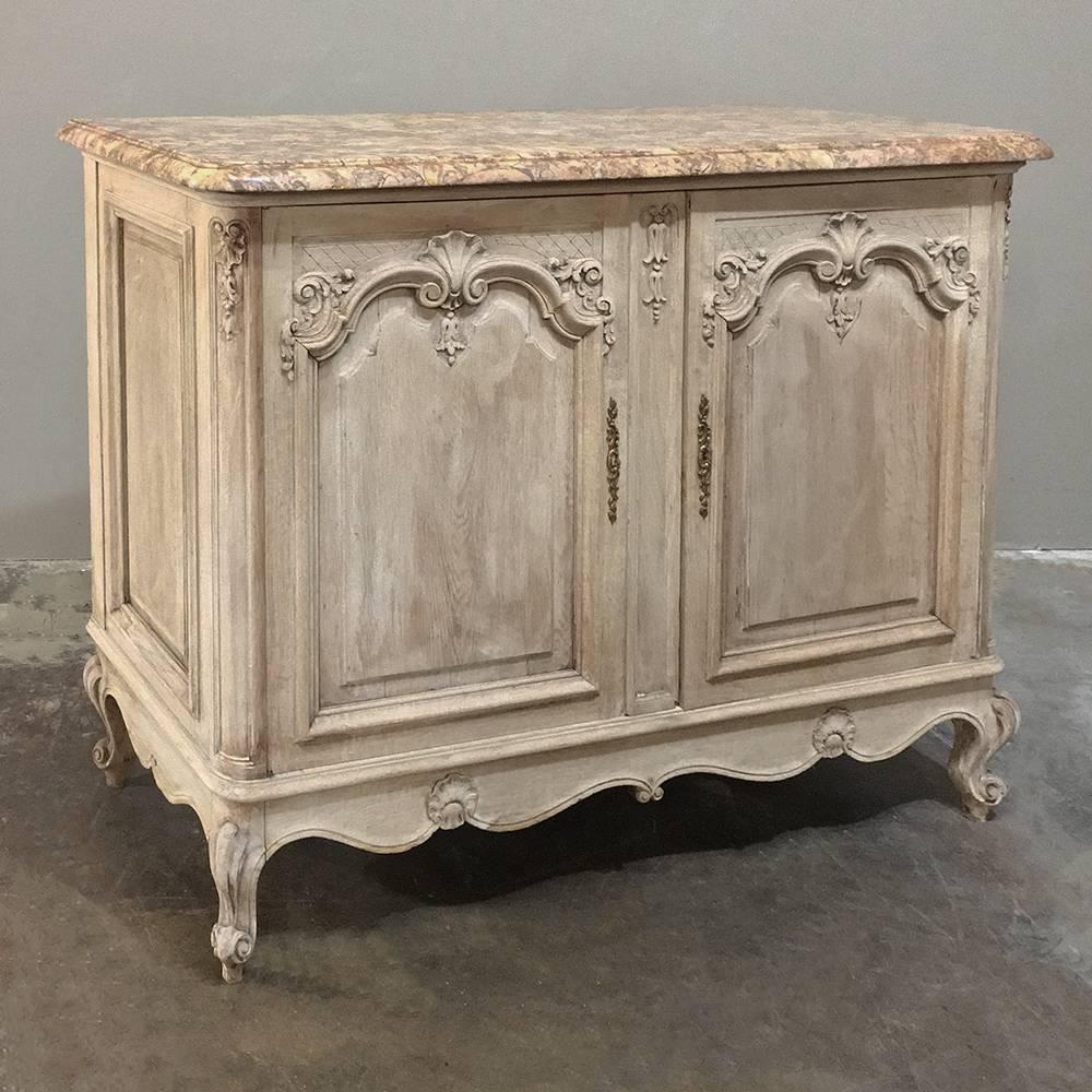 Hand-Carved Pair of 19th Century French Louis XIV Marble Top Stripped Oak Buffets