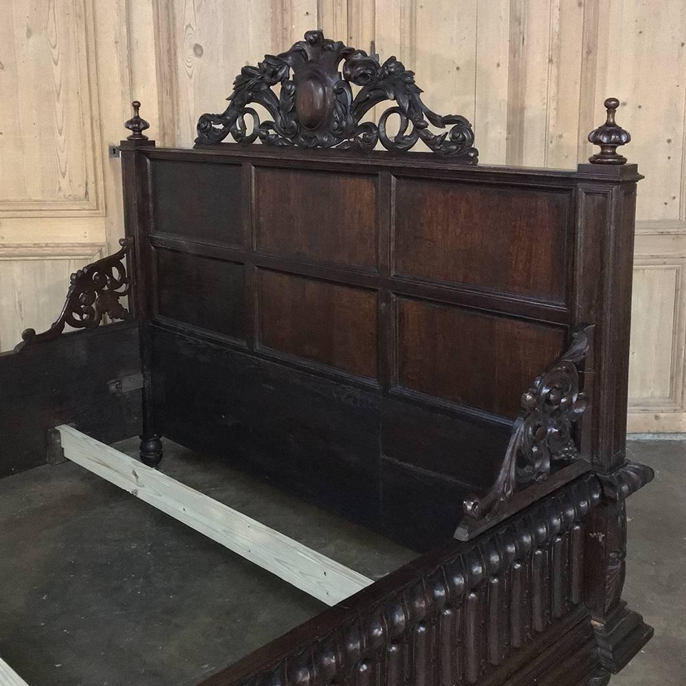 19th Century Renaissance French Hand-Carved Oak Bed 1