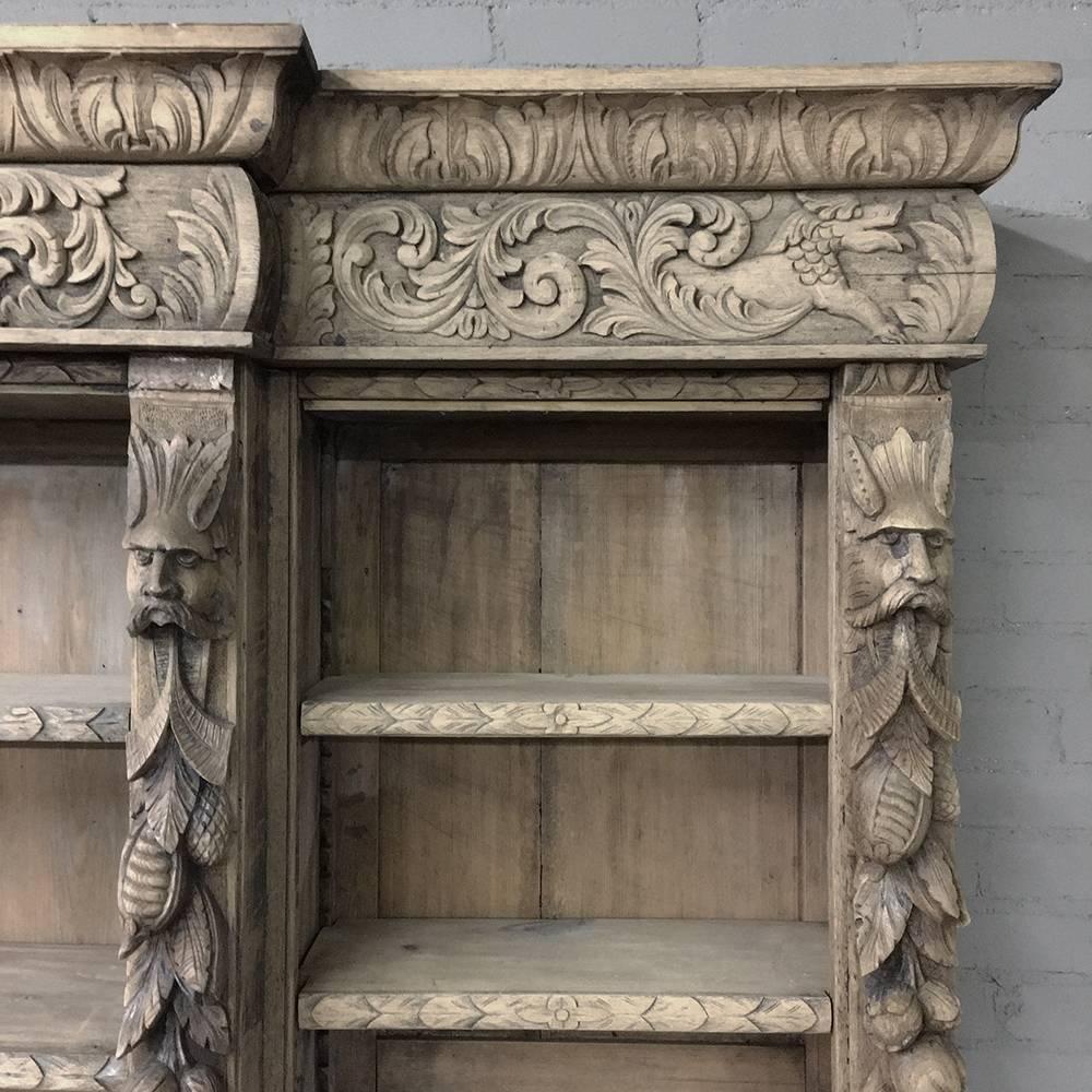 Hand-Carved 19th Century Stripped Oak English Renaissance Open Bookcase