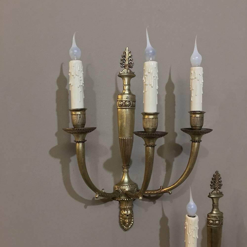 Hand-Crafted Set of Four Antique French Empire Cast Bronze Wall Sconces, each with Three Arms