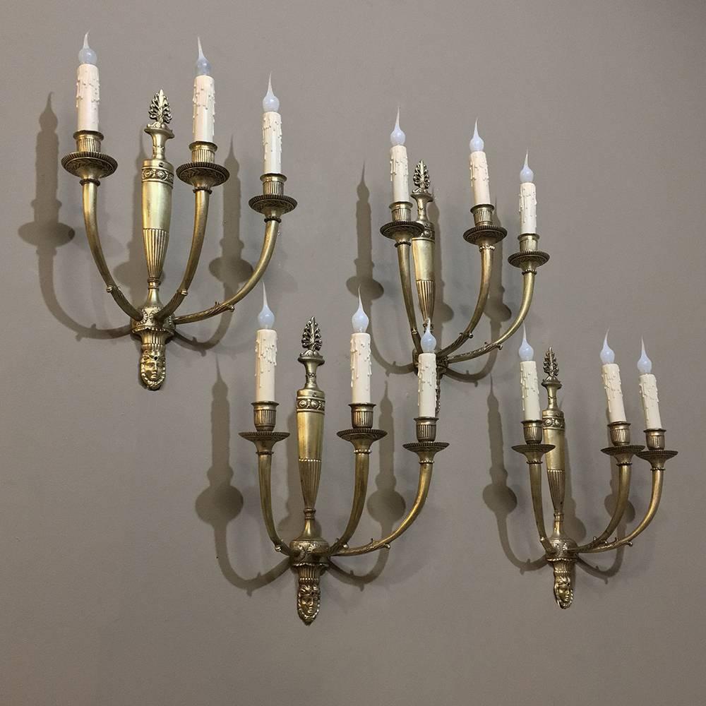 Set of Four Antique French Empire Cast Bronze Wall Sconces, each with Three Arms In Excellent Condition In Dallas, TX