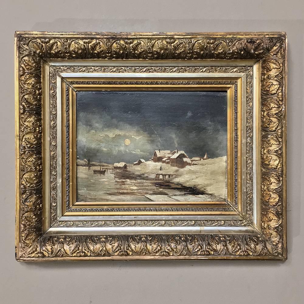 19th century framed oil painting on canvas by H. Smith depicts a wintry scene by the coast near a sleepy fishing village. Survives in its original exquisitely gilded and silvered frame.

Dated 1880s

Measures 15 H x 17 W.