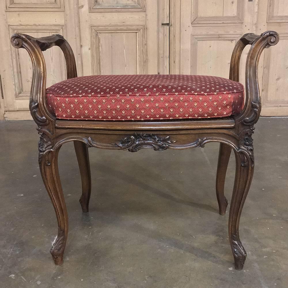 Hand-Carved 19th Century French Louis XV Walnut Caned Hand Carved Bench, Stool