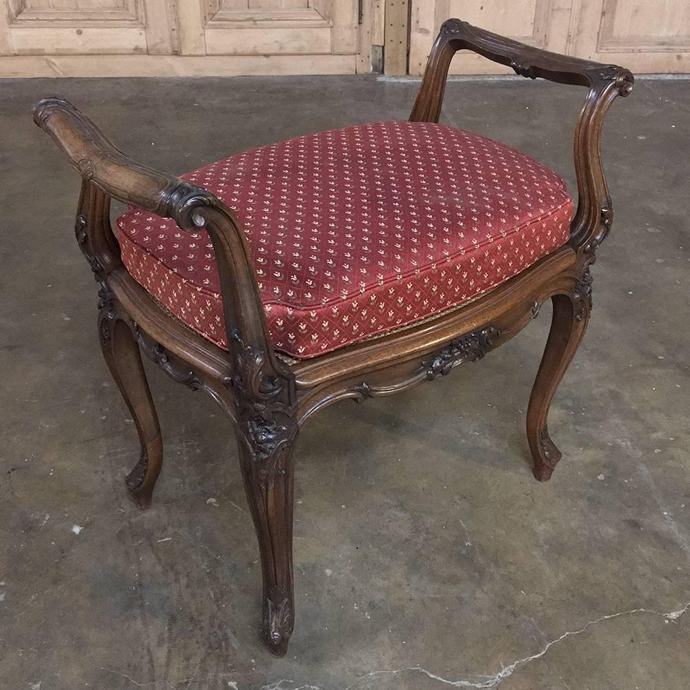 19th Century French Louis XV Walnut Caned Hand Carved Bench, Stool In Excellent Condition In Dallas, TX
