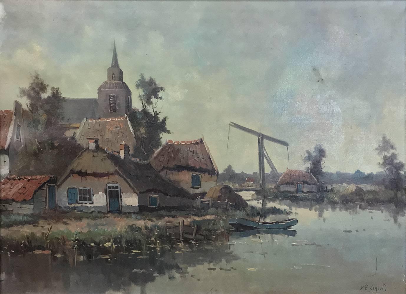 19th century framed oil painting on canvas by deGroot is a wonderful window into 18th and 19th century European coastal life, where the waterways leading to the ocean were of critical importance, yet the villages nearby would be entirely dependent