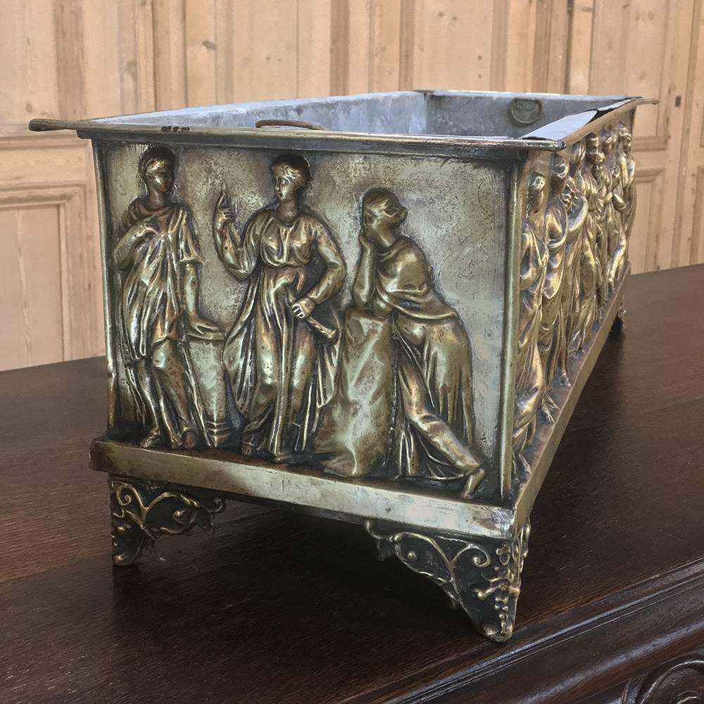 Neoclassical 19th Century French Embossed Brass Jardinière, Planter