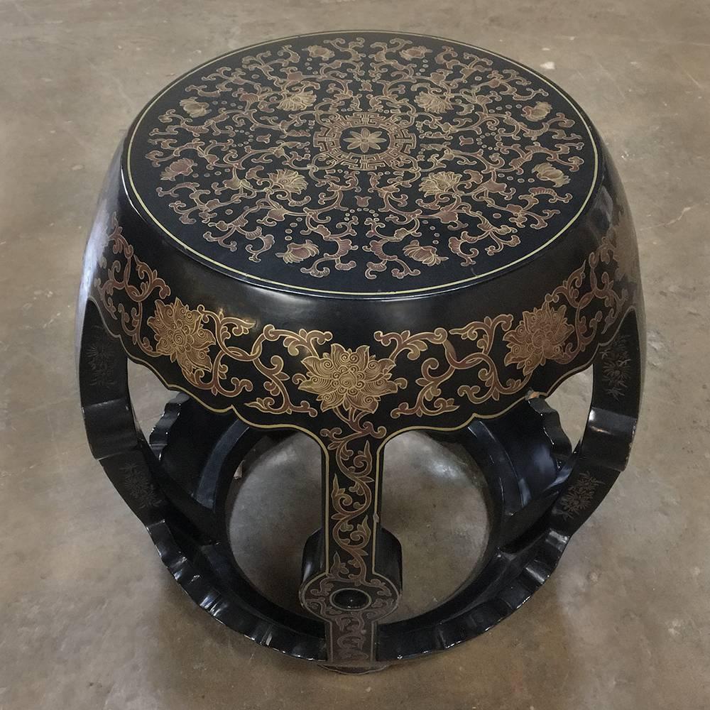 Pair of Mid-Century French Chinoiserie Ebonized Gold Painted Stools 2