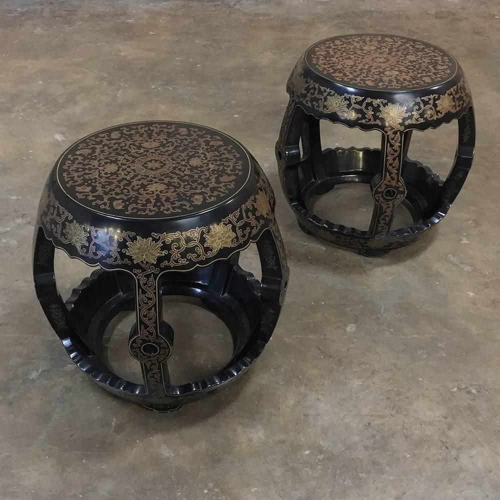 Pair of Mid-Century French Chinoiserie Ebonized Gold Painted Stools 5