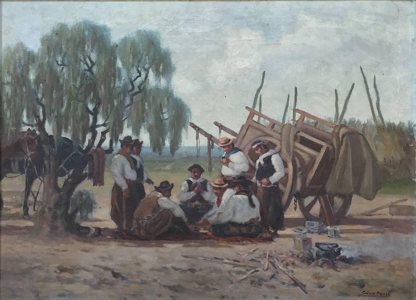 Antique framed oil painting on canvas by Silvio Rossi depicts a charming scene where Italian workers on a farm are taking a lunch break, exchanging stories and living the simple life! Survives in its original gilded frame,
circa early