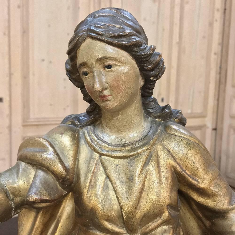 Hand-Carved 19th Century Giltwood Polychrome Statue of Madonna For Sale