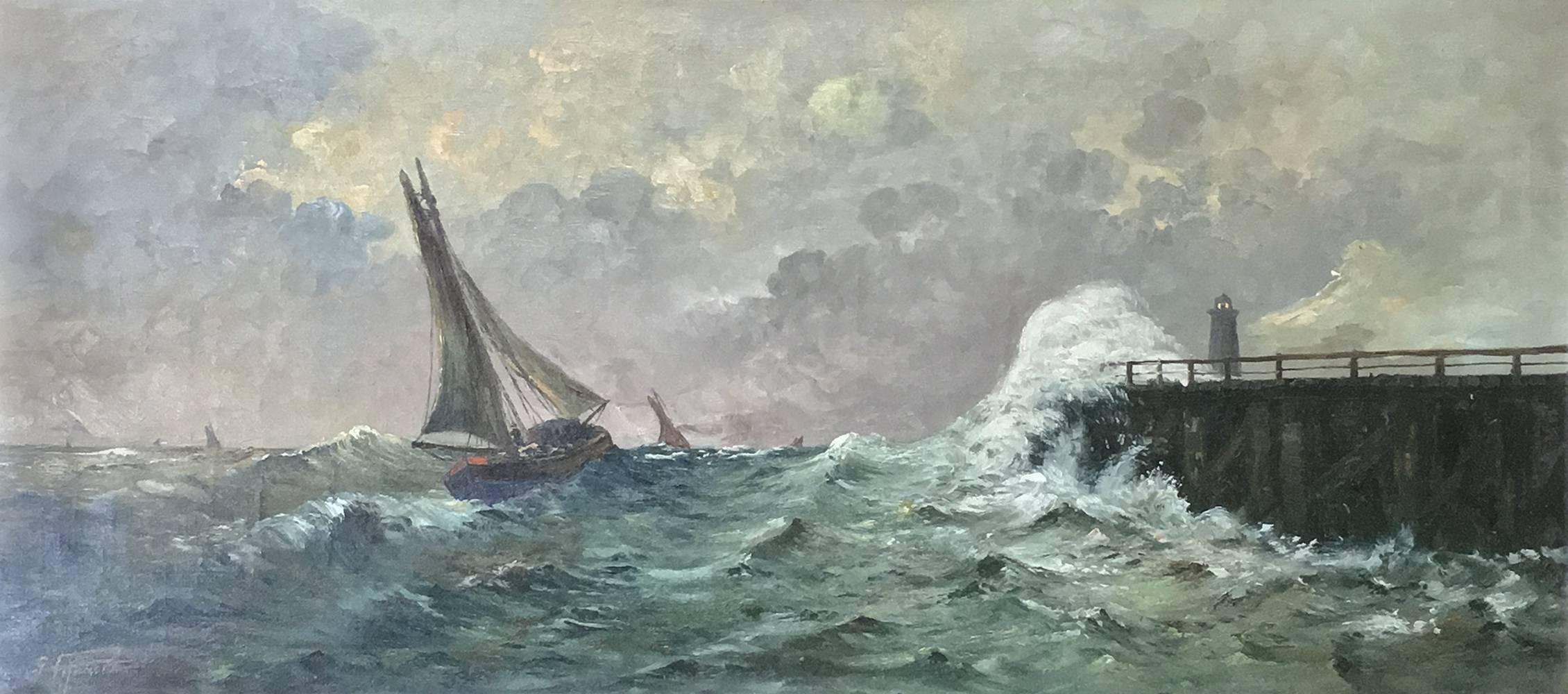 Antique framed oil painting on canvas is a splendid nautical scene depicting a fishing vessel returning to the docks after a squall has roughed up the sea. Only with the best of skill and luck could they navigate their small sailboats past the
