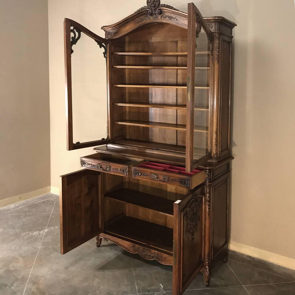 Hand-Carved 19th Century French Regence Walnut Bookcase, China Buffet