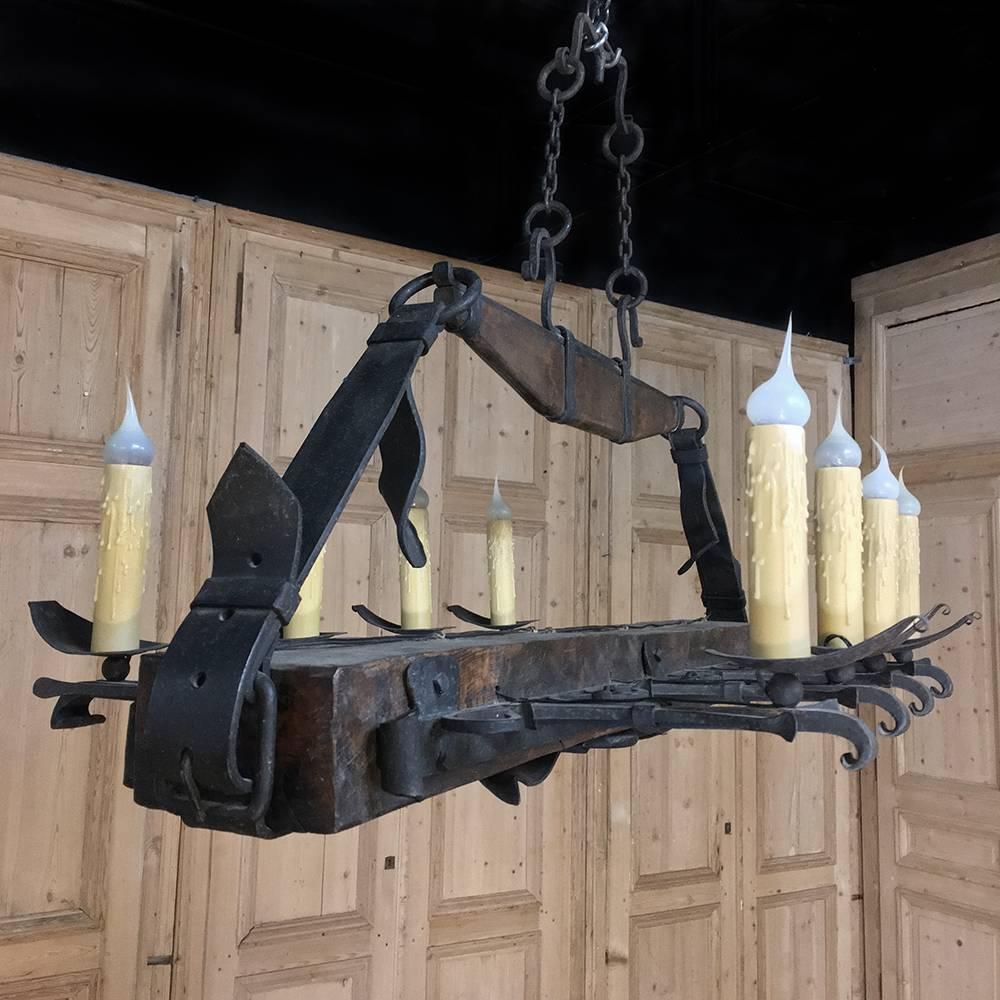 Early 20th Century Antique Wrought Iron and Beam Chandelier