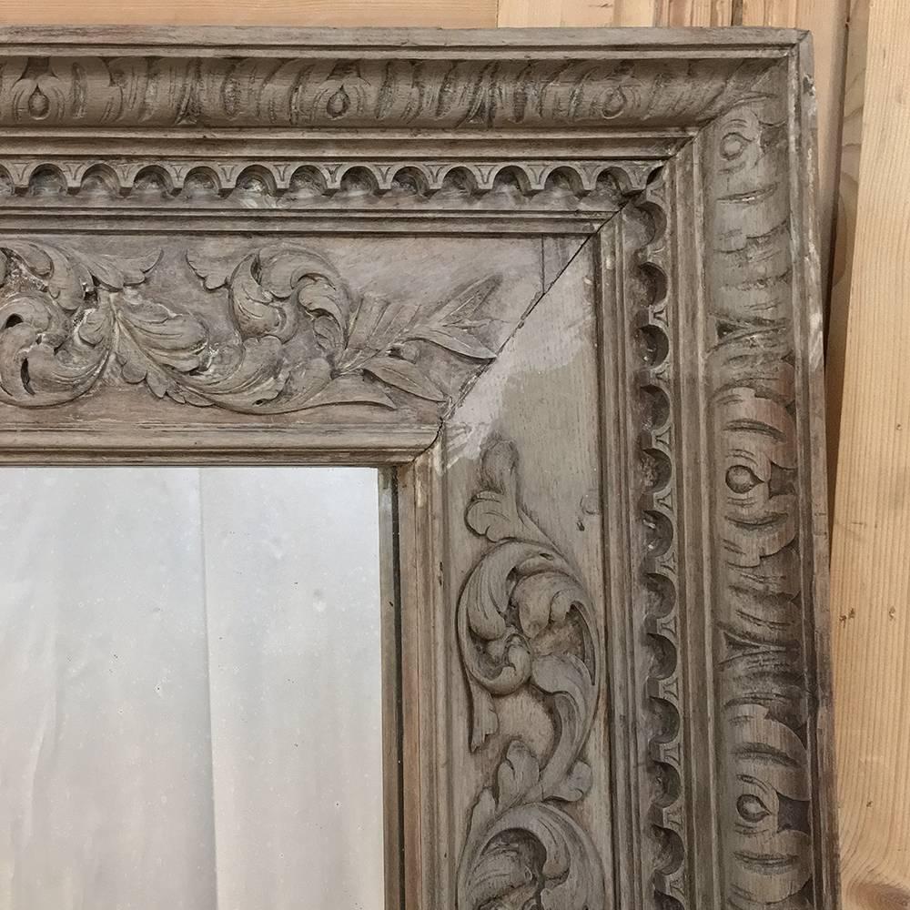 19th Century Grand Hand-Carved Renaissance Stripped Oak Mirror 1