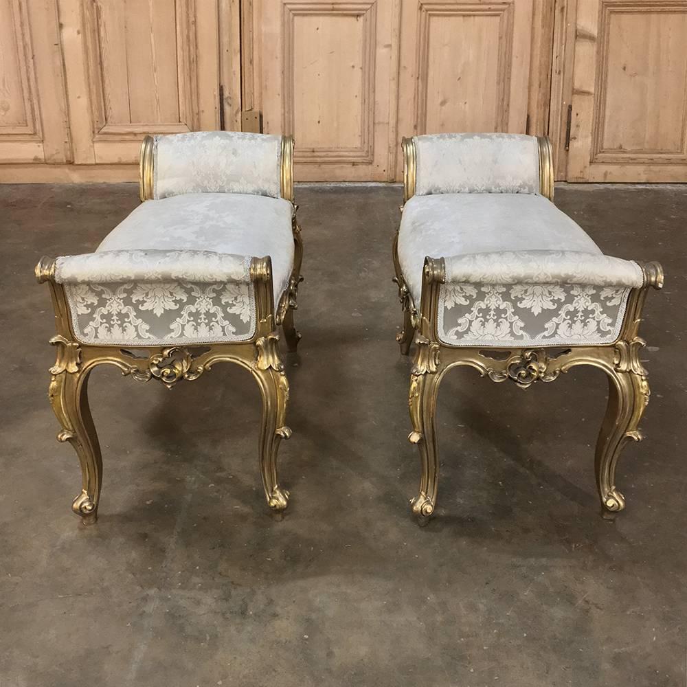 Hand-Carved Pair of Antique Italian Baroque Giltwood Arm Benches