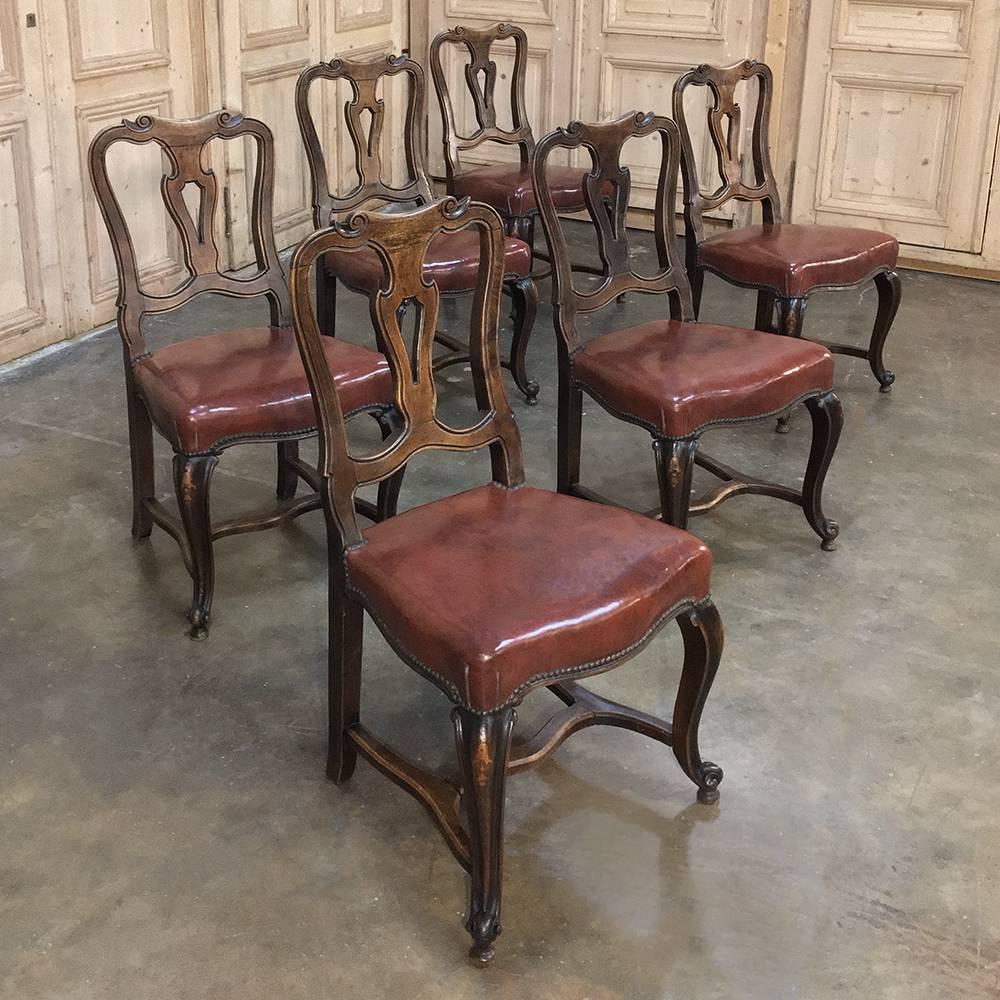 Hand-Crafted Set of Six Antique Italian Walnut Baroque Dining Chairs with Leather Upholstery 