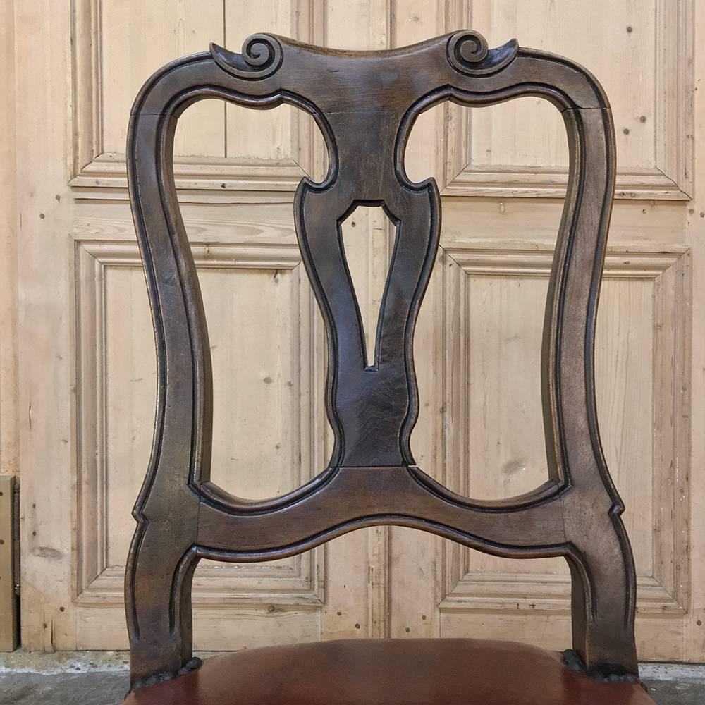 Set of Six Antique Italian Walnut Baroque Dining Chairs with Leather Upholstery  3