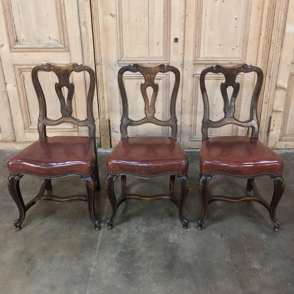 Early 20th Century Set of Six Antique Italian Walnut Baroque Dining Chairs with Leather Upholstery 