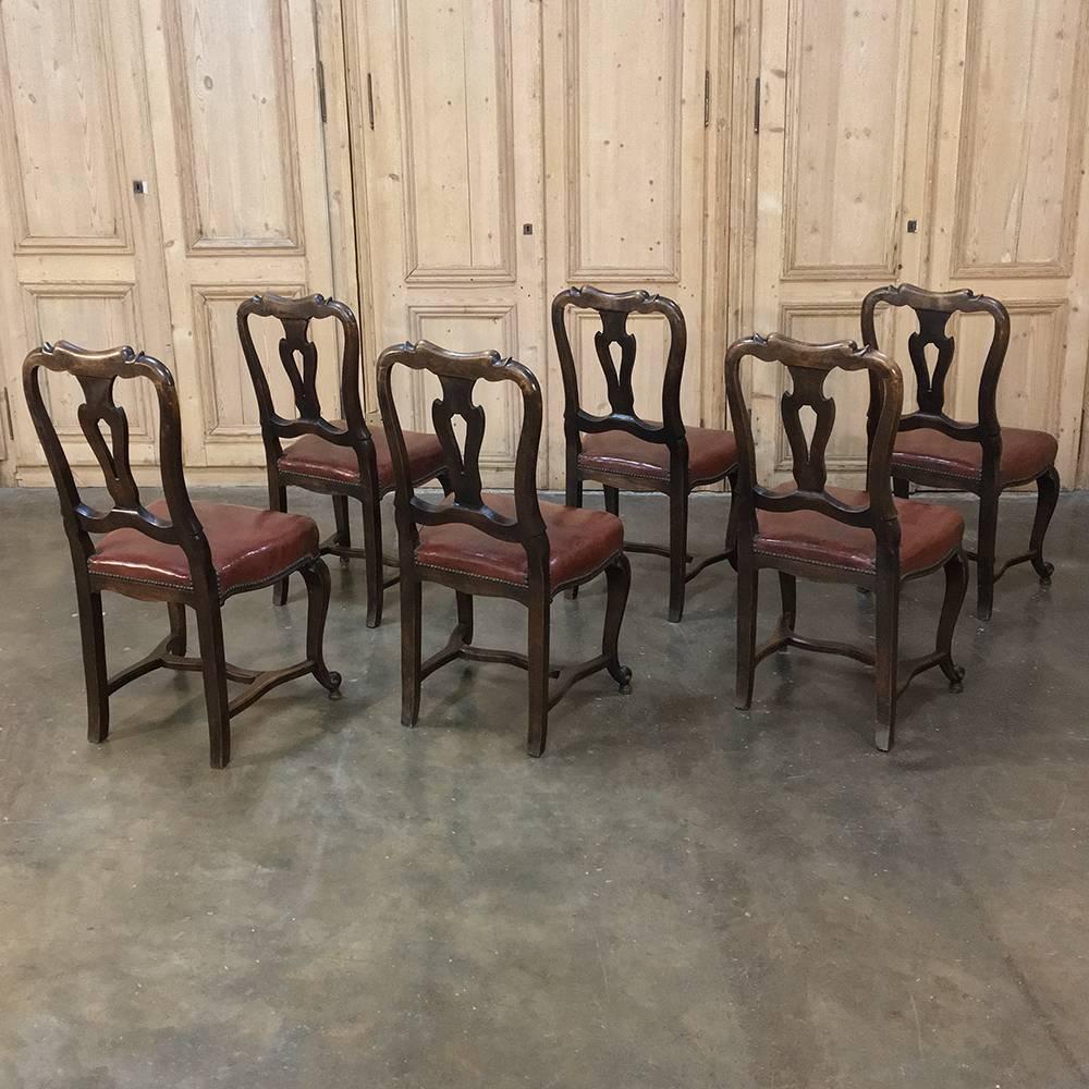 Set of Six Antique Italian Walnut Baroque Dining Chairs with Leather Upholstery  5