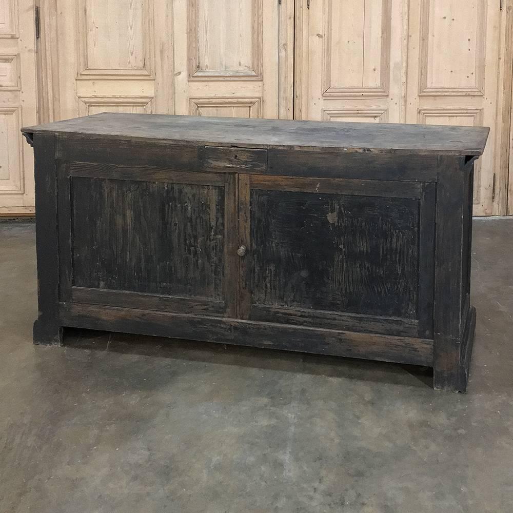 19th century rustic painted store solid pine counter is ideal for using as a kitchen island, bar or even a rustic bathroom sink! Original painted finish has a wonderful authentic distressed look, perfect for today's casual decors. Cabinet and drawer