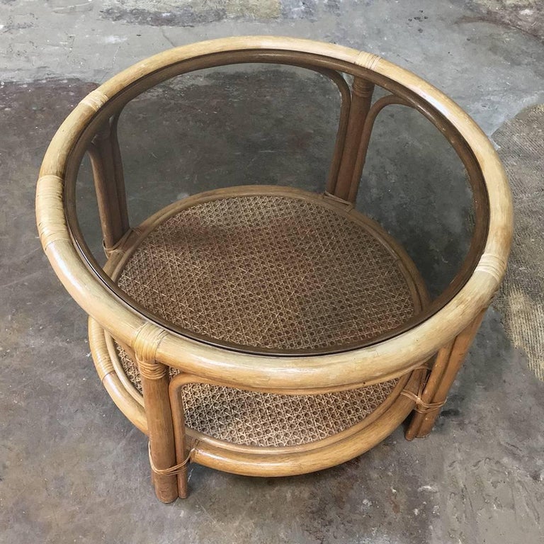 MidCentury Rattan Coffee Table with Glass Top For Sale at 1stdibs