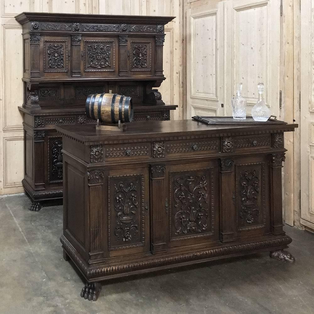 19th century Italian Renaissance bar in hand-carved walnut is so superior to the expense and look of built-in assemblies, and you can take them with you when you move! Exquisite Old World craftsmanship abounds from the two-tiered back unit with