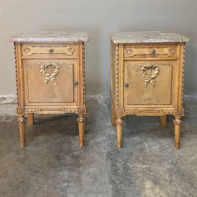 Pair of Antique Italian Neoclassical Fruitwood Marble Top 