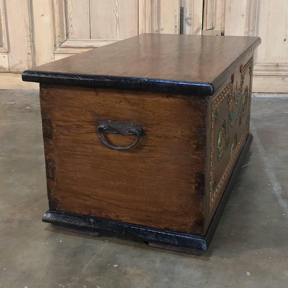 Antique Swiss Painted & Carved Trunk is ideal at the foot of the bed, as a coffee table in a cozy seating group, or as a decorative item for your pleasure every day!

circa 1880s.

Measures 14H x 27W x 13.5D.