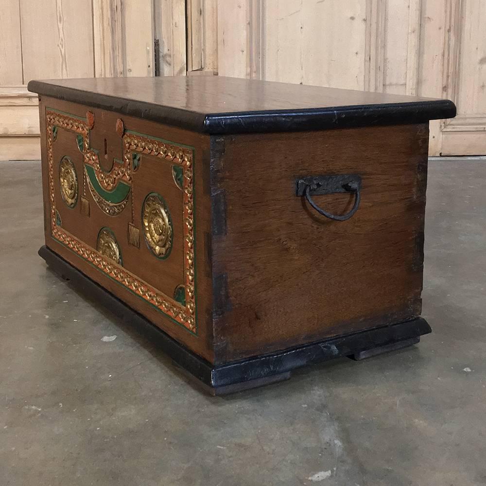 Hand-Painted Antique Swiss Painted and Carved Trunk