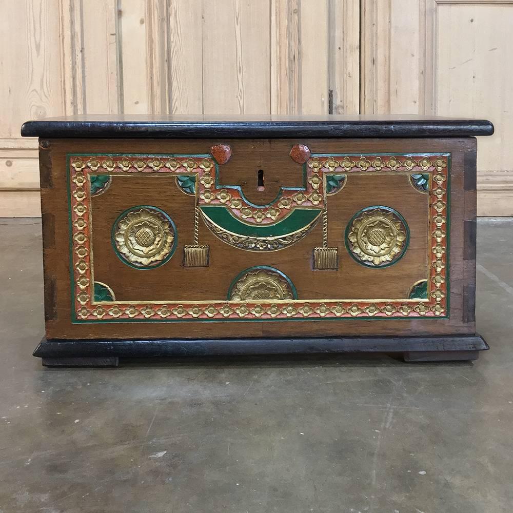 Antique Swiss Painted and Carved Trunk In Distressed Condition In Dallas, TX