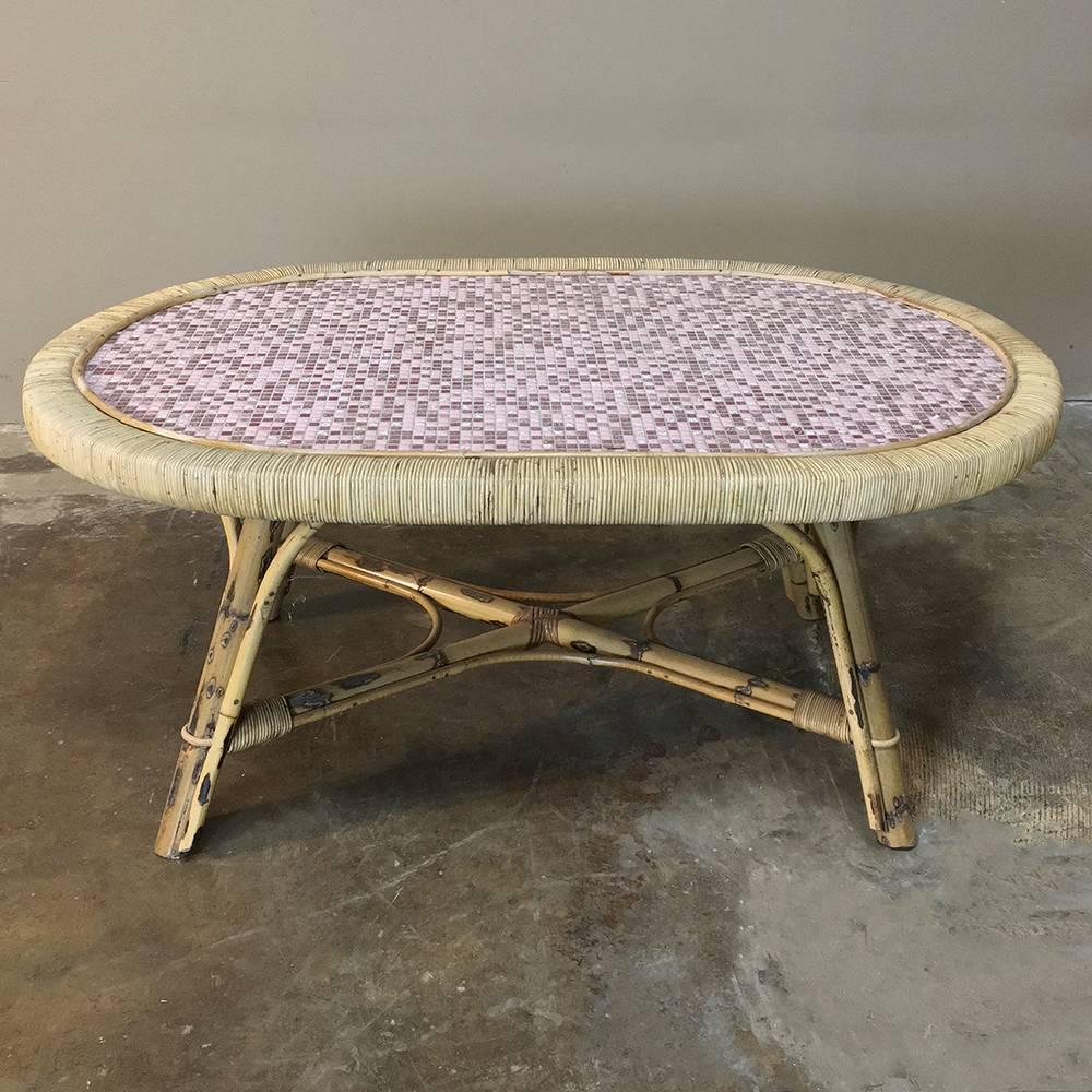Mid-Century Rattan Coffee Table with Tile Top is a wonderful example of island-inspired craftsmanship utilizing amazingly strong bamboo with the water-resistance of the tile top making this an ideal choice for indoor or protected outdoor spaces! 