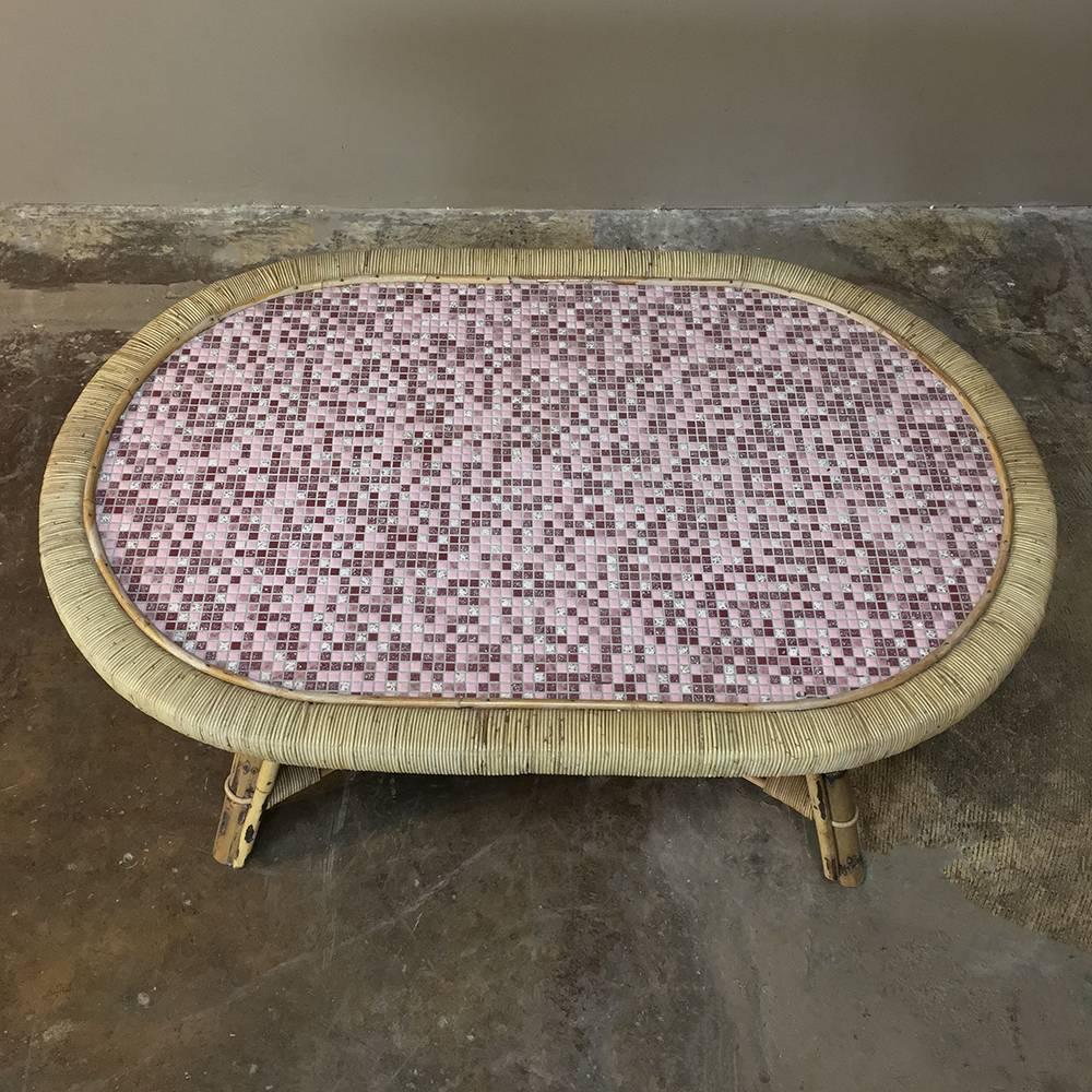 Mid-Century Rattan Coffee Table with Tile Top In Good Condition In Dallas, TX