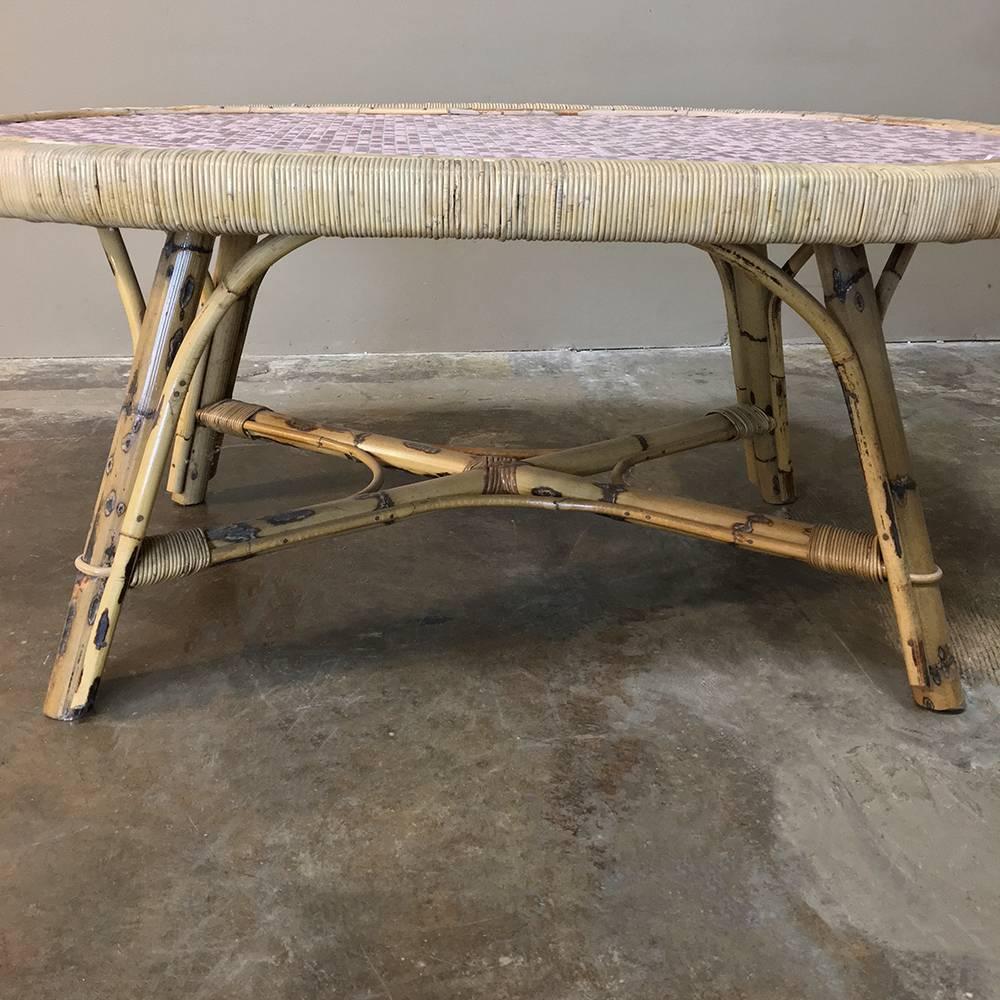 Mid-Century Rattan Coffee Table with Tile Top 1