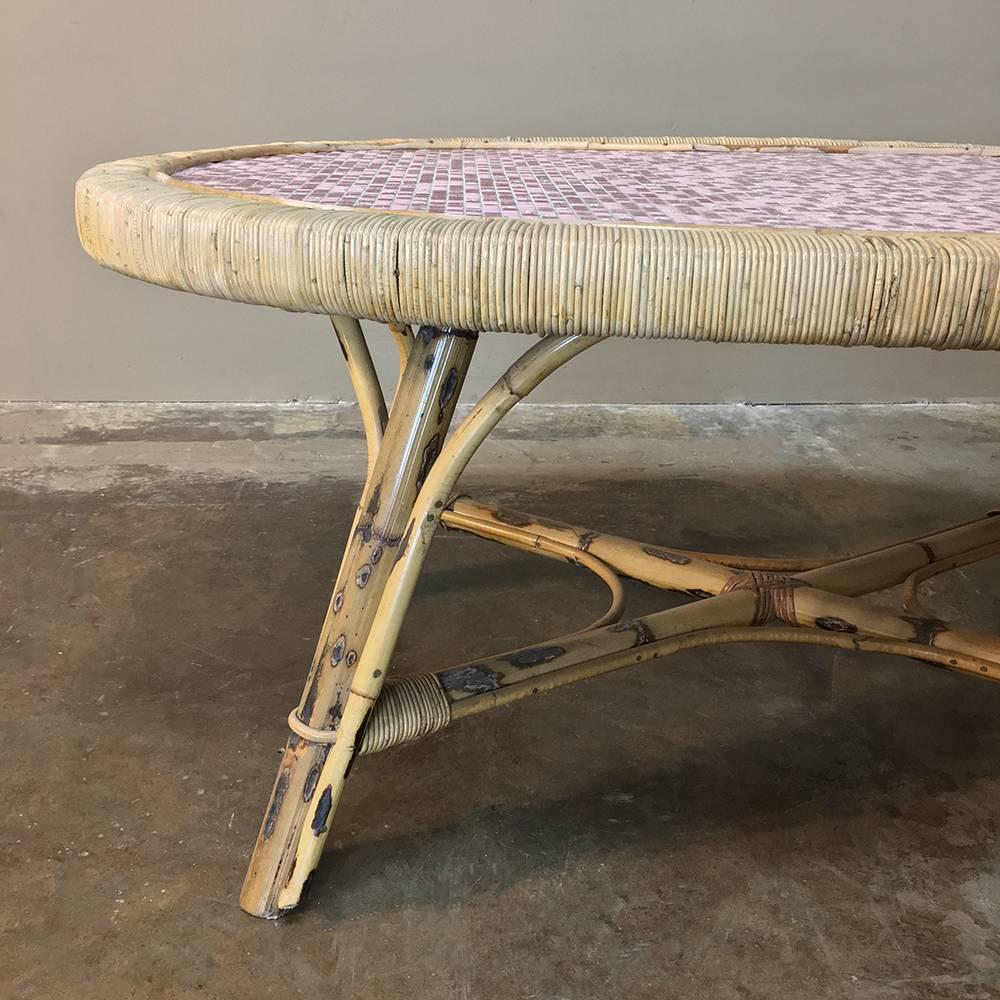 Mid-Century Rattan Coffee Table with Tile Top 2