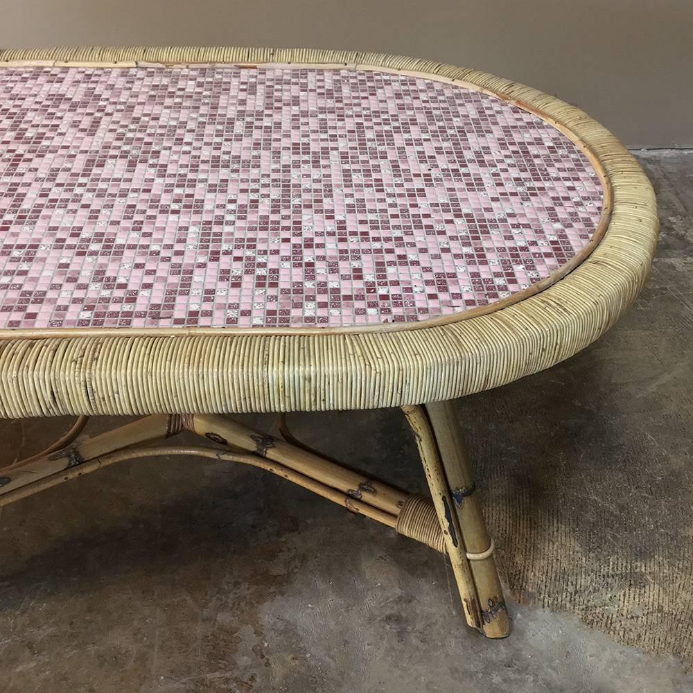 Mid-Century Rattan Coffee Table with Tile Top 3
