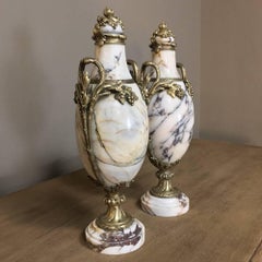 Pair of 19th Century Bronze and Marble Cassolettes Mantel Urns