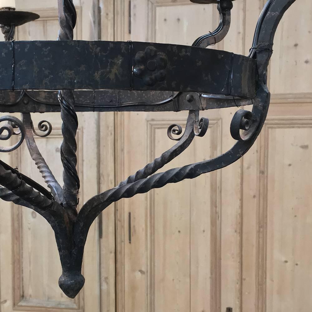 Country Pair of 18th Century Hand Forged Wrought Iron Spanish Chandeliers, Electrified 
