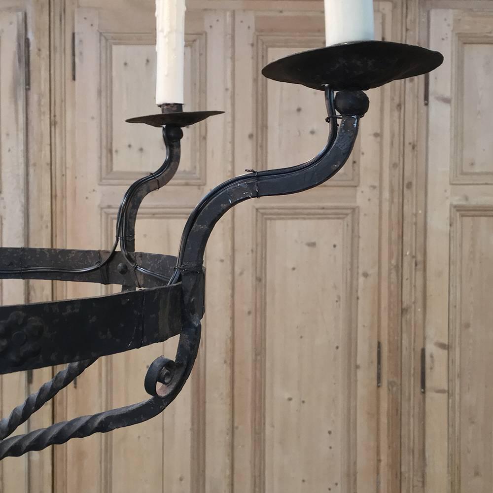 Hand-Crafted Pair of 18th Century Hand Forged Wrought Iron Spanish Chandeliers, Electrified 