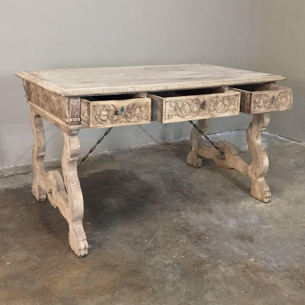 Rustic Antique Spanish Stripped Oak Desk with Wrought Iron Stretchers