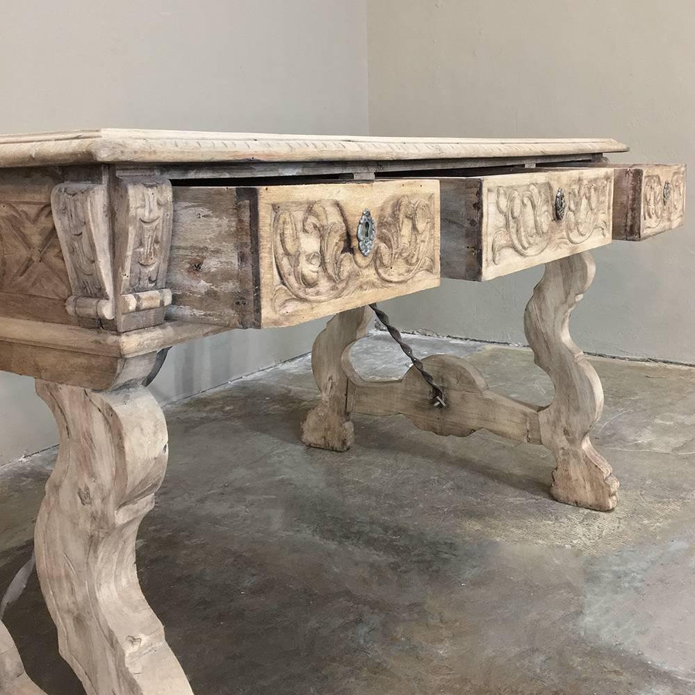 Hand-Carved Antique Spanish Stripped Oak Desk with Wrought Iron Stretchers