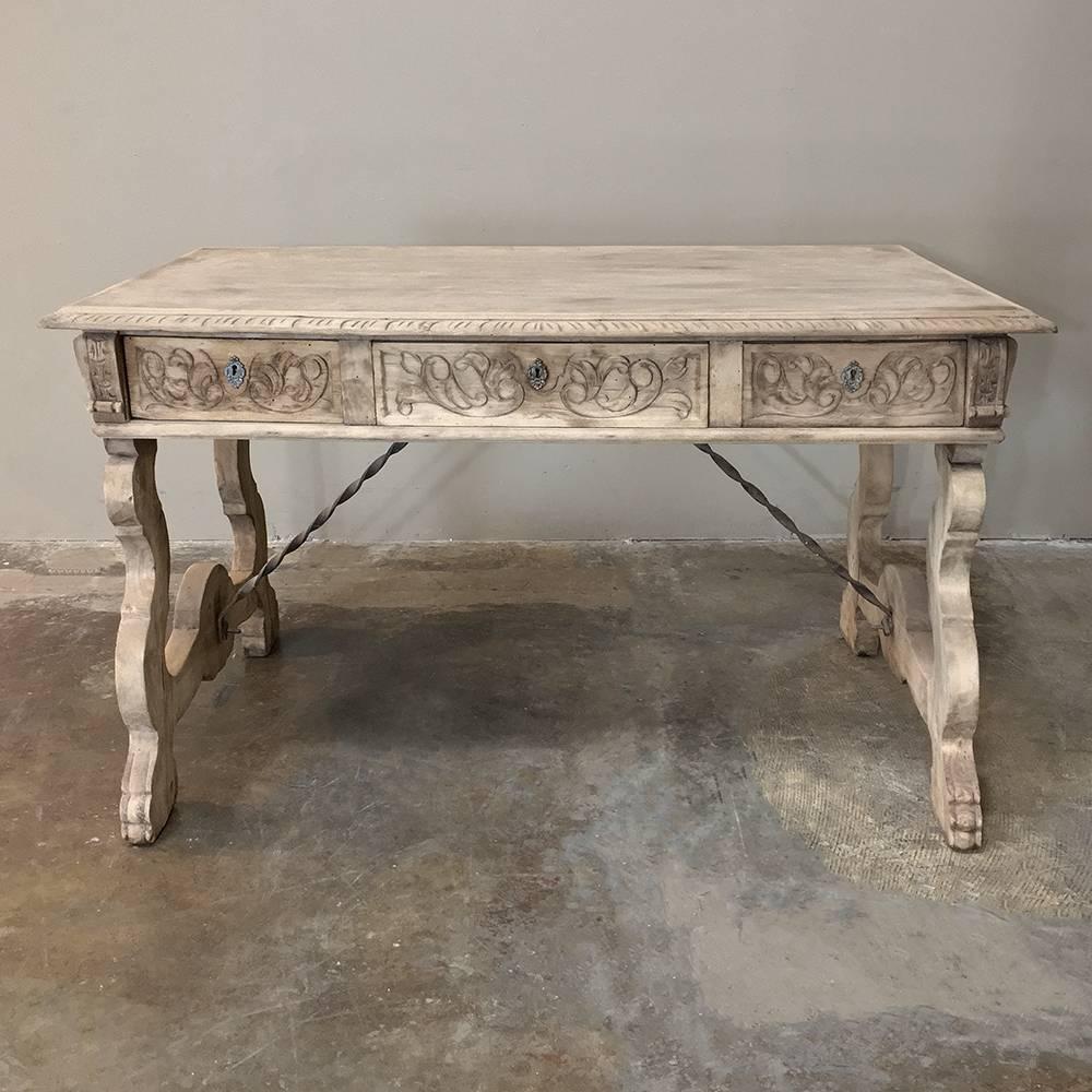 Antique Spanish Stripped Oak Desk with Wrought Iron Stretchers In Good Condition In Dallas, TX