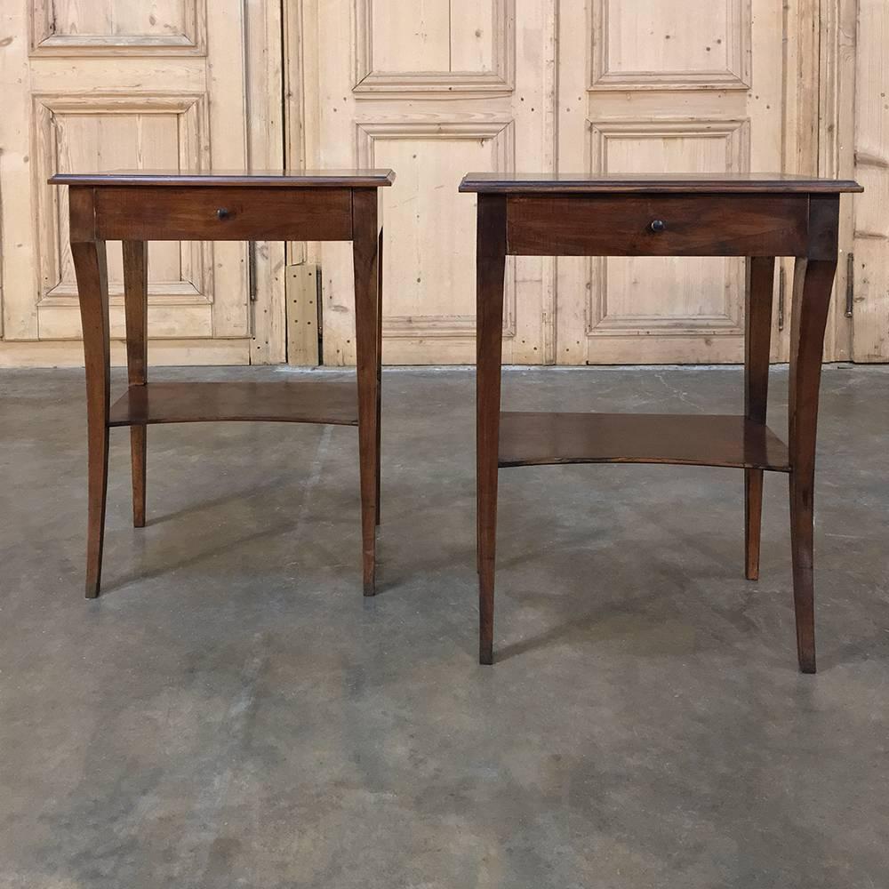 This versatile pair of Mid-Century Directoire Style end tables or nightstands were handcrafted from solid mahogany with a tailored architecture that makes them work with a wide variety of decors,
circa mid-1900s
Each measures 24.5 H x 18 W x 13 D.